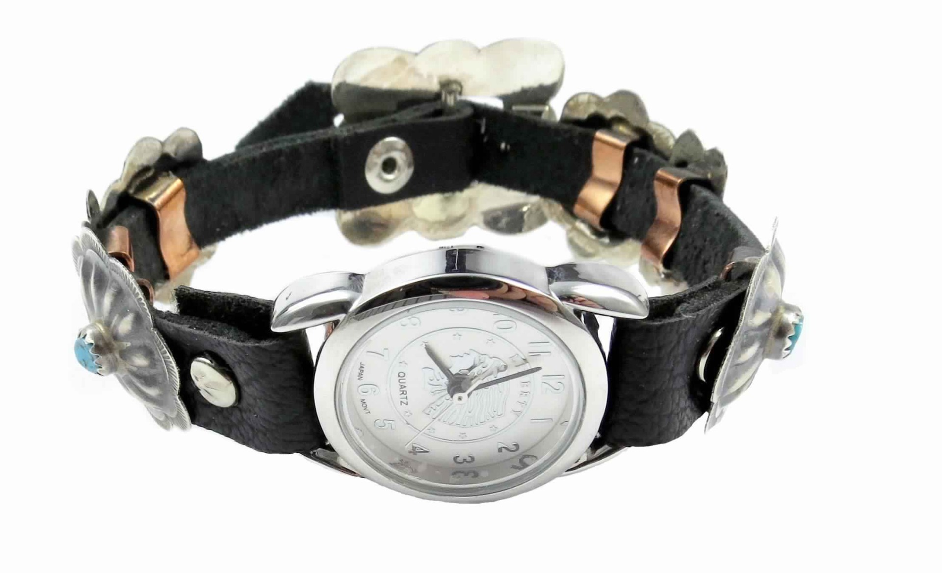 Damen-Armbanduhr aus Leder und Silber - Turquoise Concho