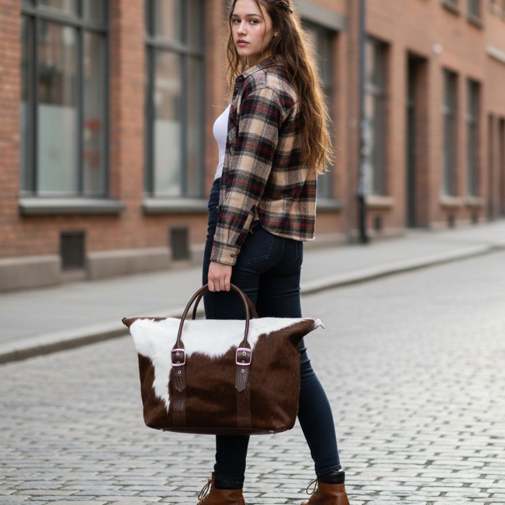 Scippis Reisetasche für Damen - Cow Hide Travel Bag, Braun-Weiß