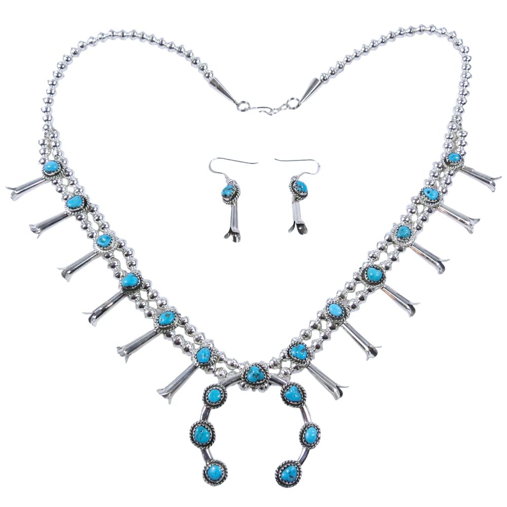 Squash Blossom Set: Kette und Ohrhänger aus Sterling Silber - Premium Turquoise Blossom