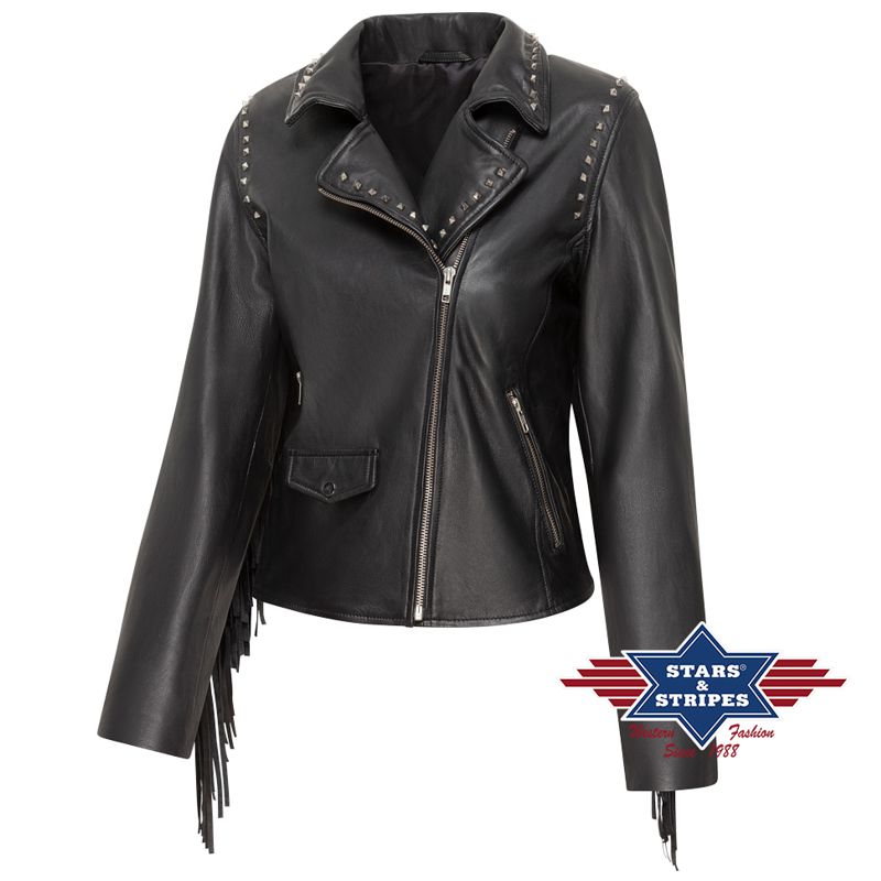 Damen Lederjacke im Biker-Stil mit abnehmbaren Lederfransen
