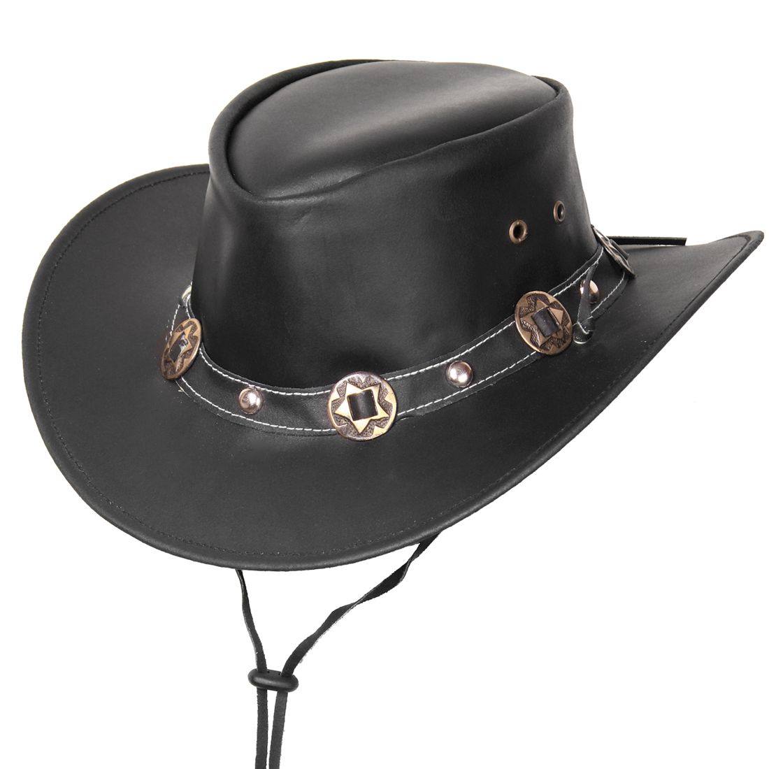 Formbarer Westernhut aus Leder mit Kinnriemen - Concho, Schwarz