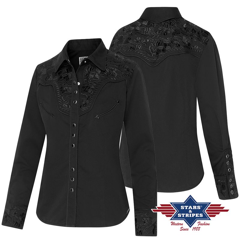 Westernbluse Riley, Schwarz, bestickt
